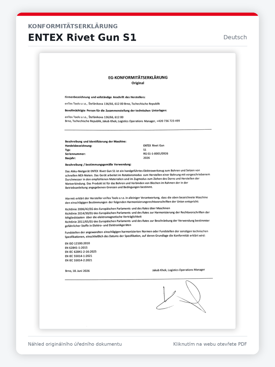 Konformitätserklärung – ENTEX Rivet Gun S1 (DE)